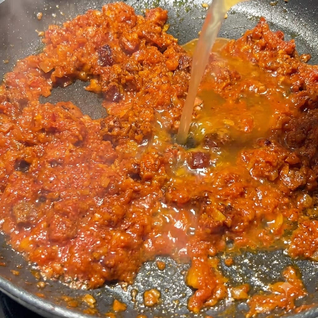Bouillon de poulet versé dans la poêle de sauce aux tomates et au chorizo frémissante.