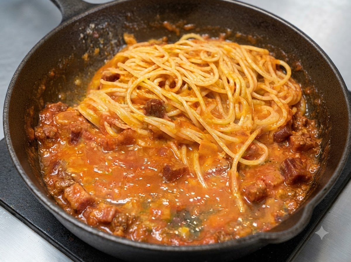 Mélange de spaghettis et de sauce dans une poêle en fonte assaisonné de sel et de poivre noir.