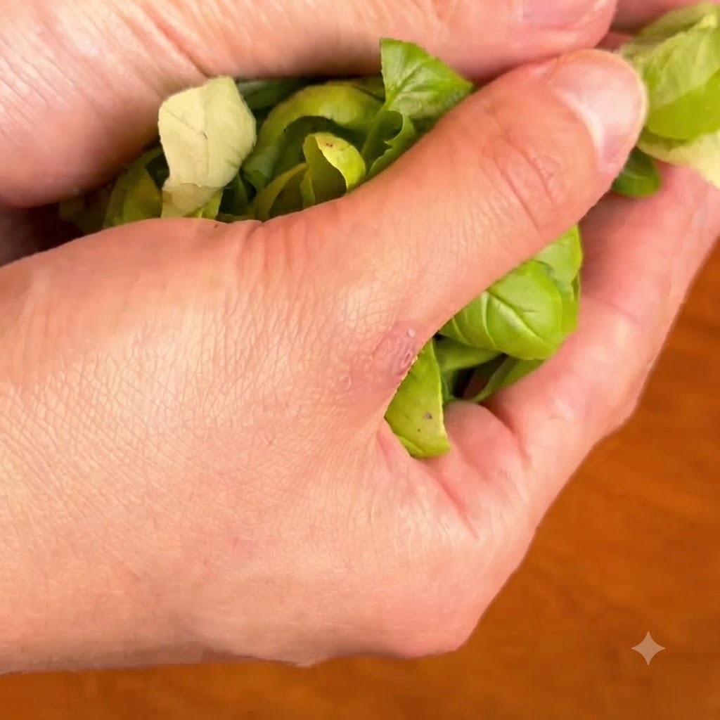 Feuilles de basilic vert frais tenues en coupe serrée dans les mains.