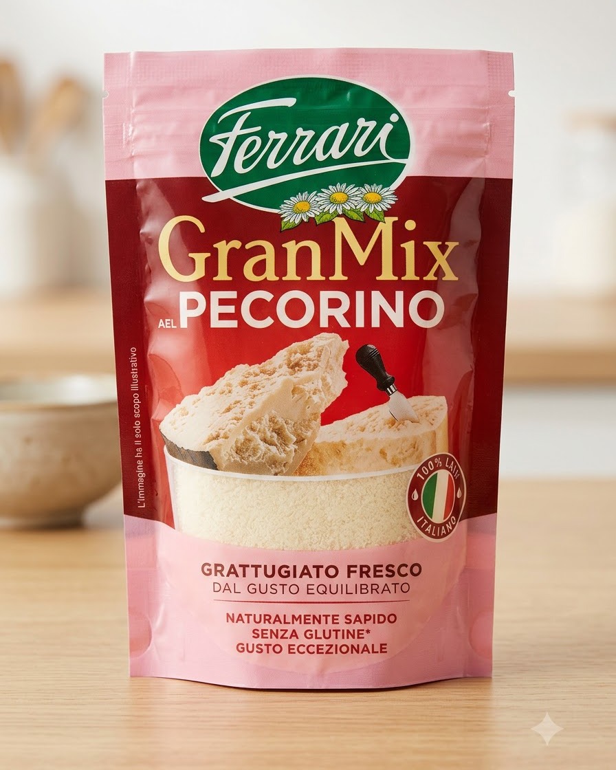 Un emballage rose de fromage Pecorino Ferrari GranMix posé verticalement sur un comptoir de cuisine en bois.