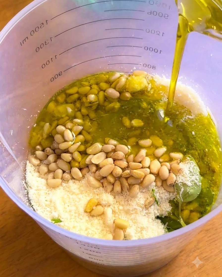De lhuile dolive extra vierge versée dans un grand verre mesureur contenant des pignons de pin, du fromage râpé et des feuilles de basilic.