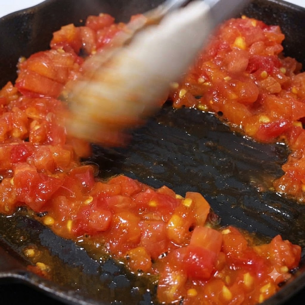 Des tomates finement coupées en dés mijotent et sadoucissent dans une poêle huilée.