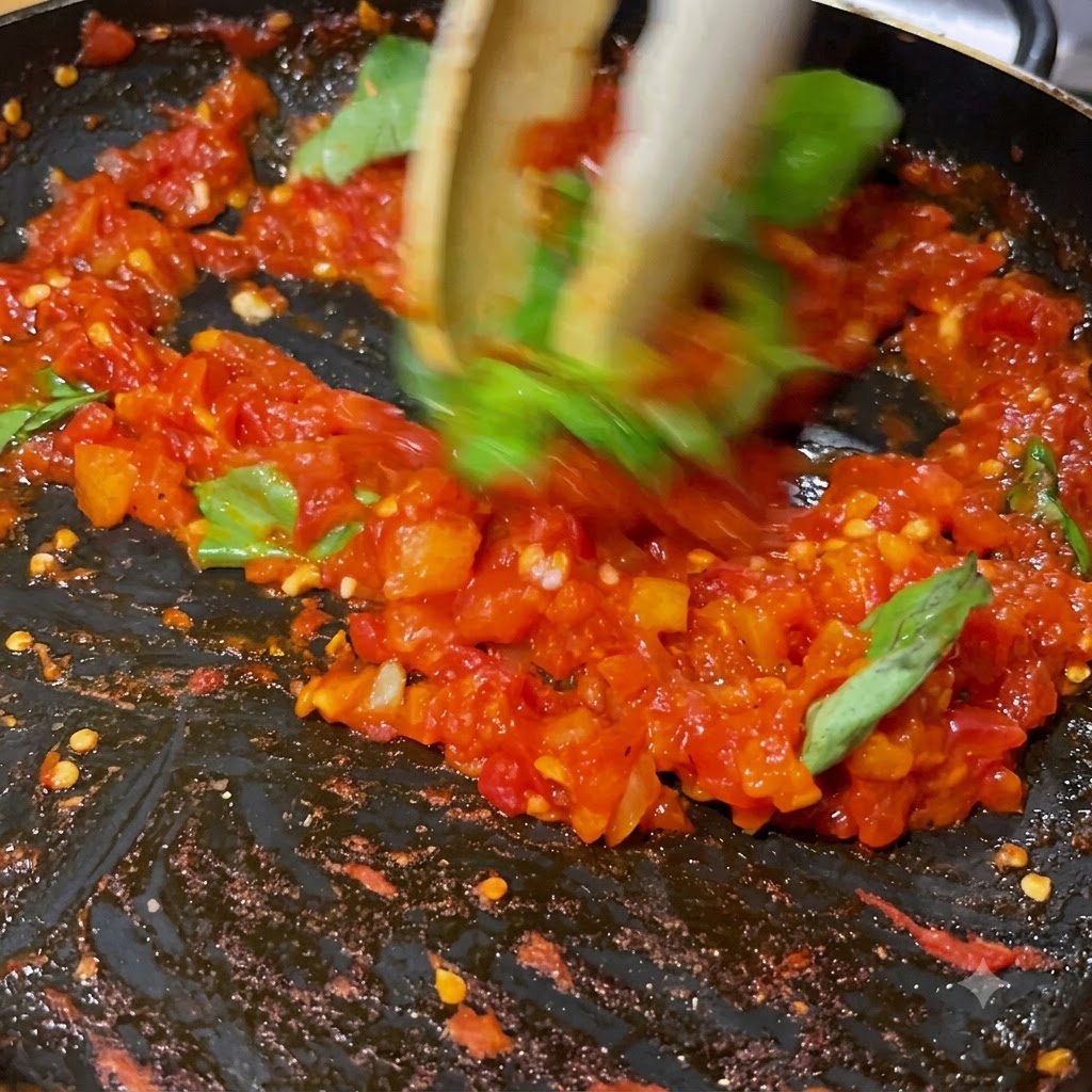 Feuilles de basilic frais mélangées et incorporées dans la sauce tomate rouge vif à lintérieur dune poêle.