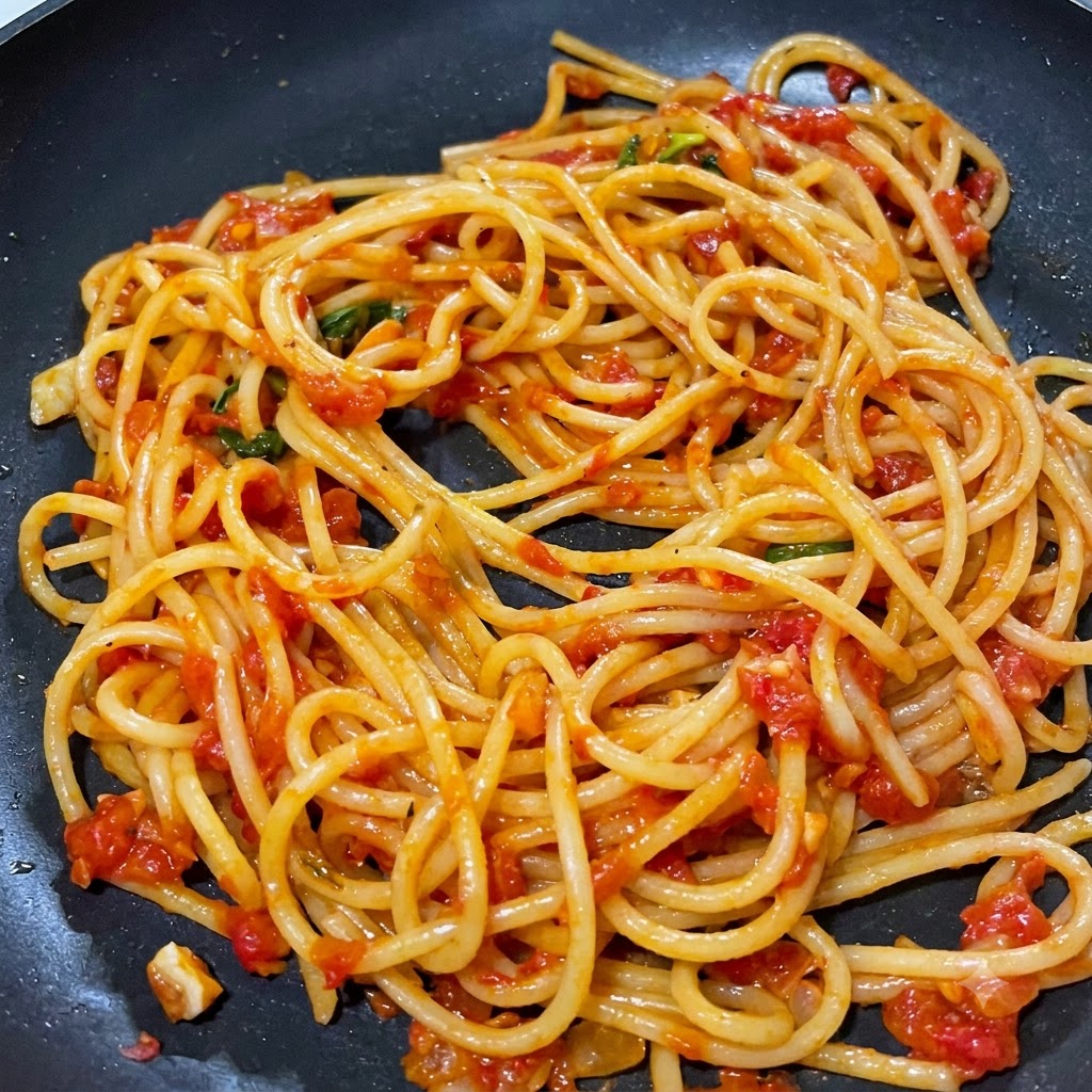 Nouilles de spaghetti cuites mélangées et enrobées de sauce tomate à la viande maison dans une poêle.