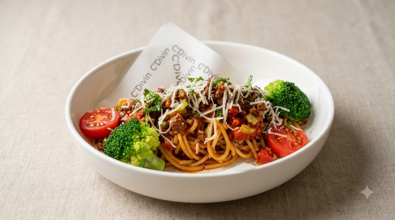 Une assiette de spaghettis garnie de sauce à la viande, de bouquets de brocolis, de tomates cerises, et parsemée de fromage râpé et dherbes.