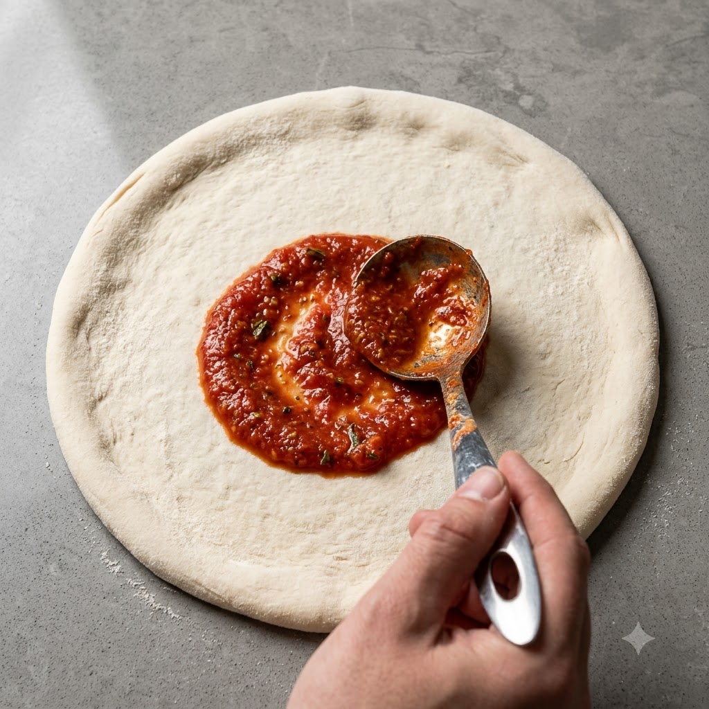 Une louche en métal étalant de la sauce tomate rouge en spirale sur le dessus dune pâte à pizza crue.