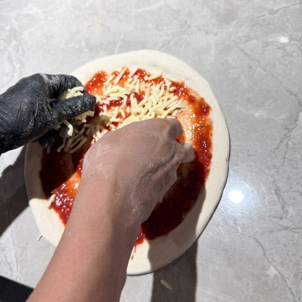 Des mains gantées saupoudrant du fromage mozzarella râpé sur une base de pizza recouverte de sauce tomate.