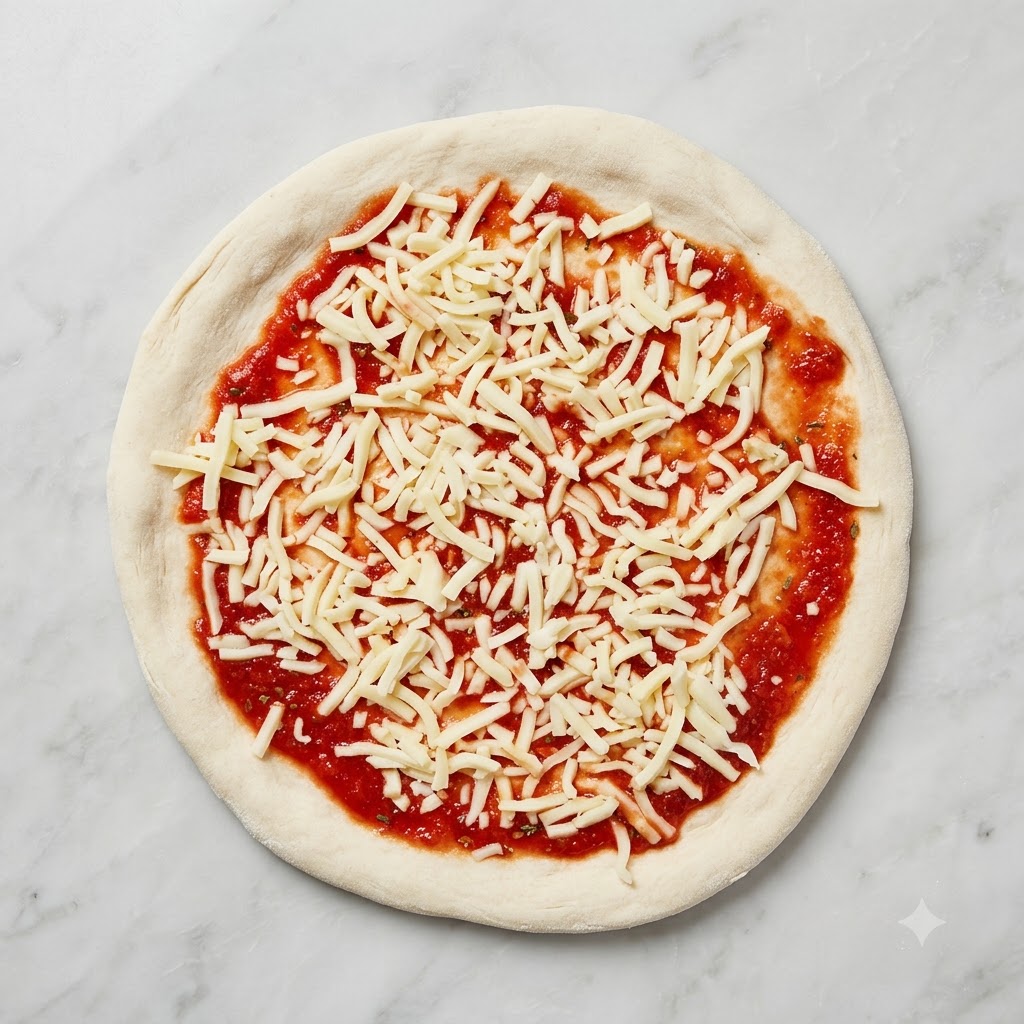 Une base de pizza préparée recouverte de sauce tomate, de fromage mozzarella et de tomates cerises coupées en deux.