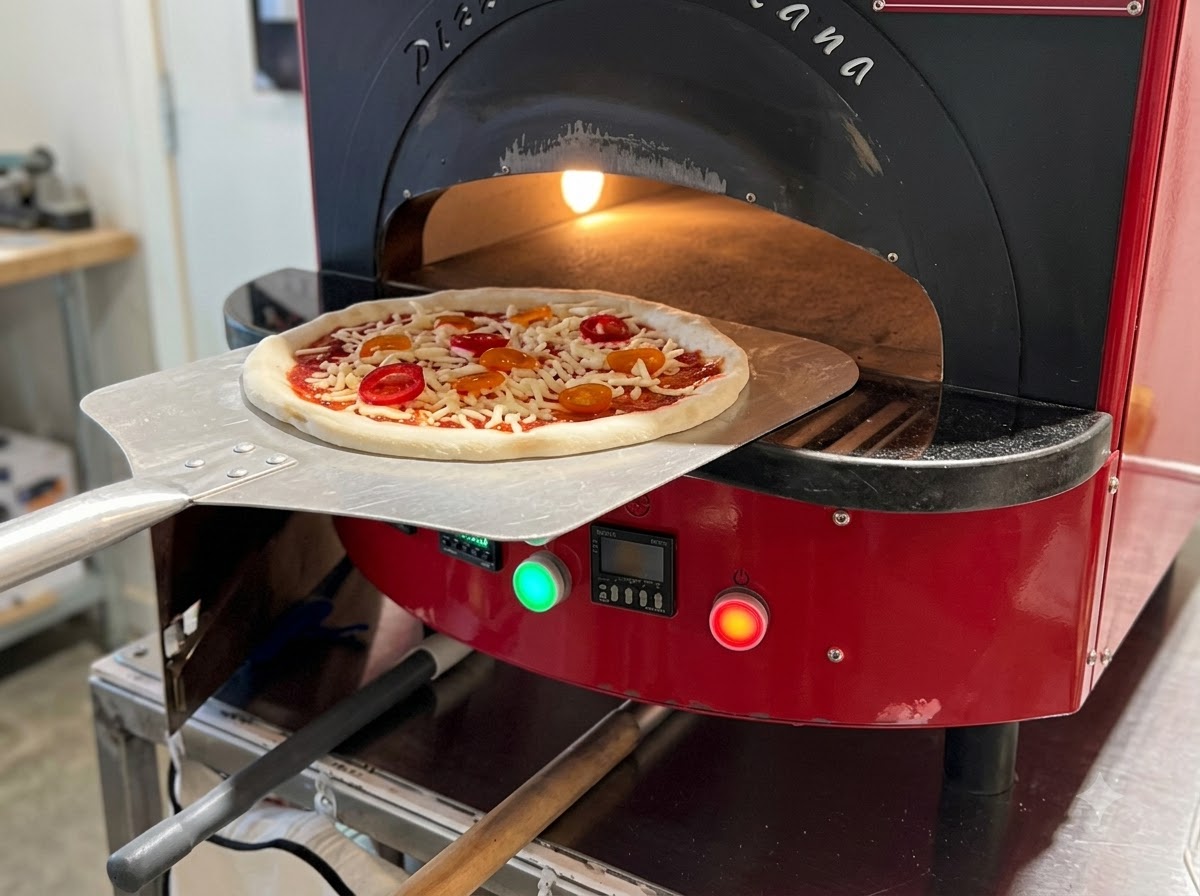 Une pizza en train dêtre enfournée à laide dune pelle dans louverture dun four à pizza rouge en forme de dôme.