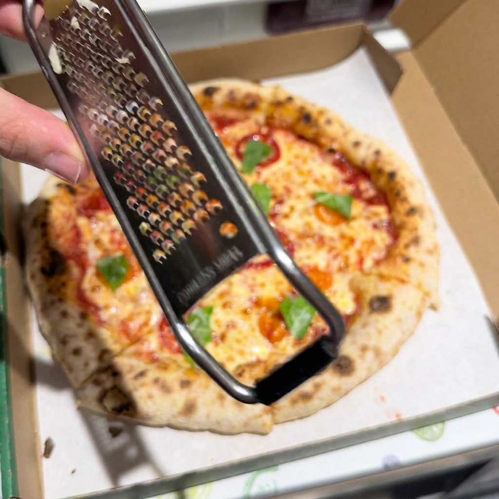 Une main tenant une râpe en métal, râpant activement du fromage Parmigiano-Reggiano sur une pizza cuite dans une boîte.