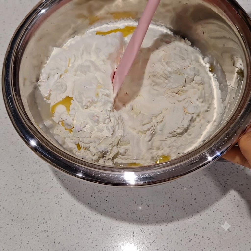 Ingrédients mélangés avec une spatule pour obtenir un état de pâte grossière.