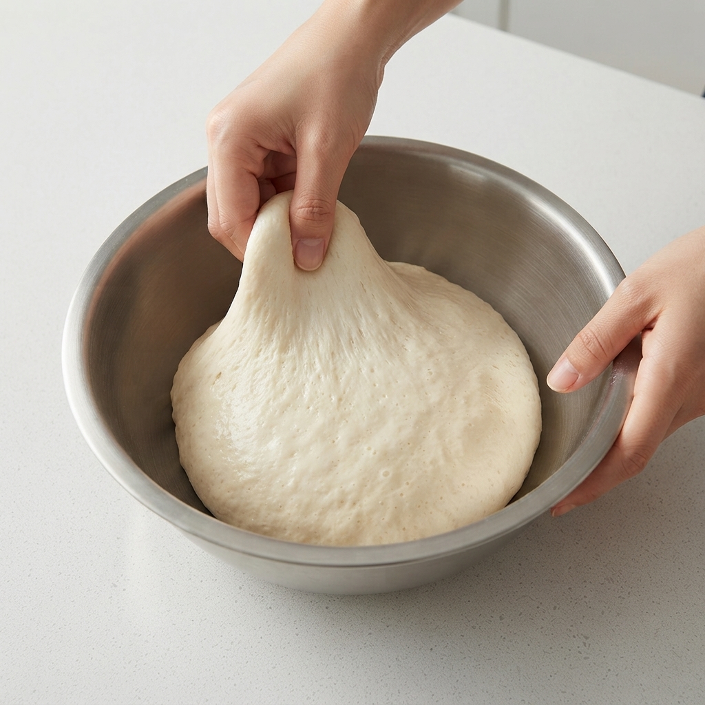 Exécution du premier étirement et repli sur la pâte à lintérieur du bol.