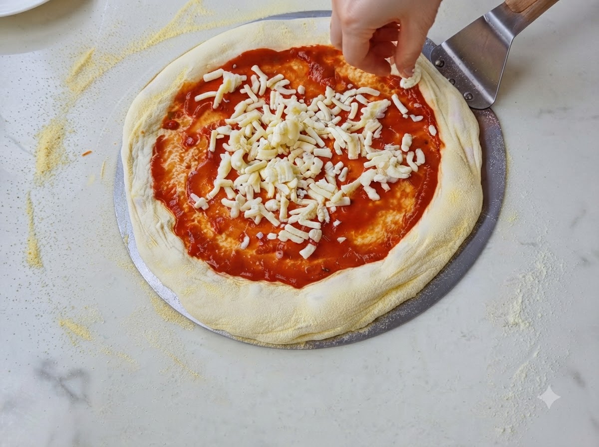 Mains appuyant sur la pâte à pizza du centre vers lextérieur, en laissant le bord épais.