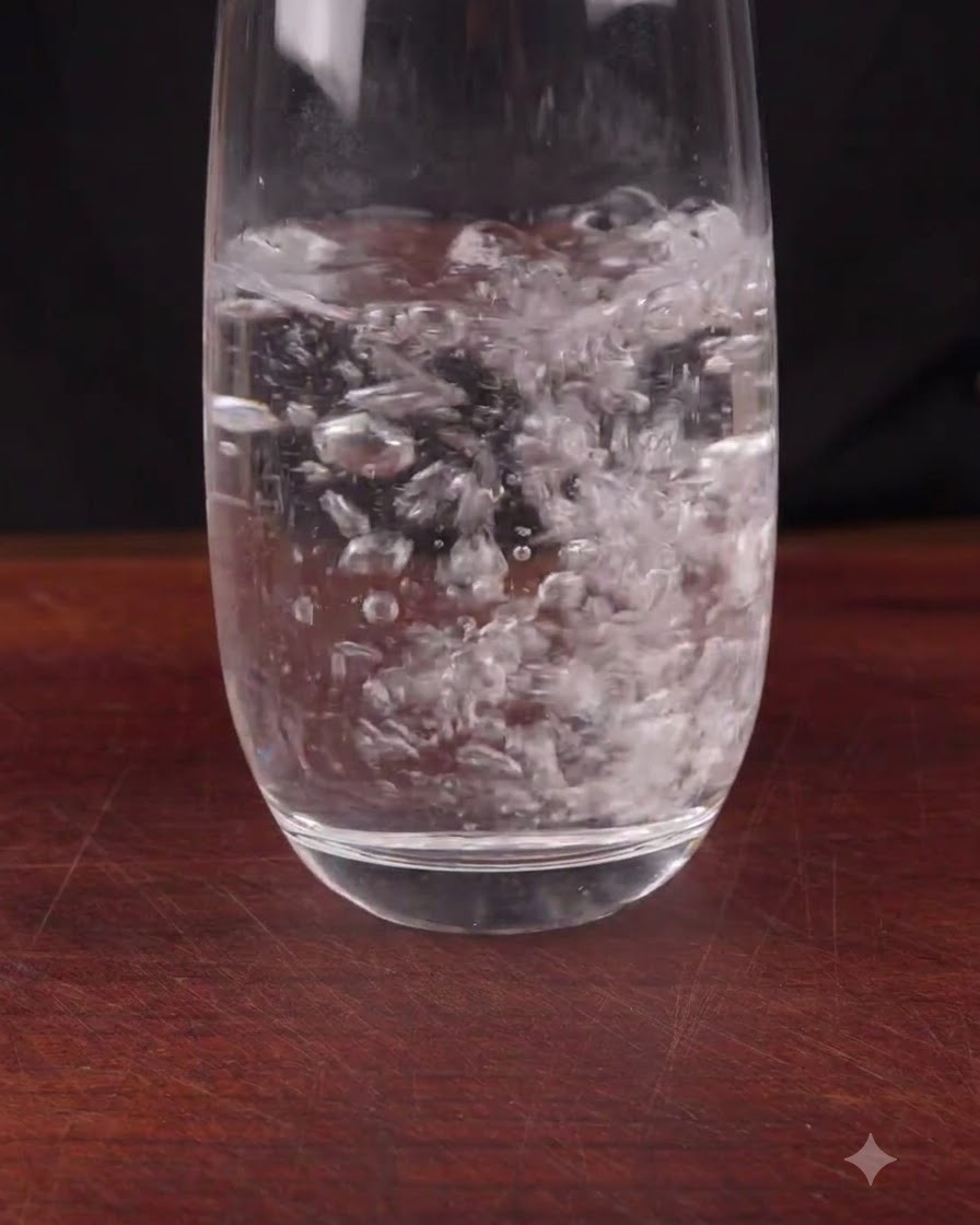 Un filet régulier deau tiède versé dans un verre transparent posé sur une table en bois.