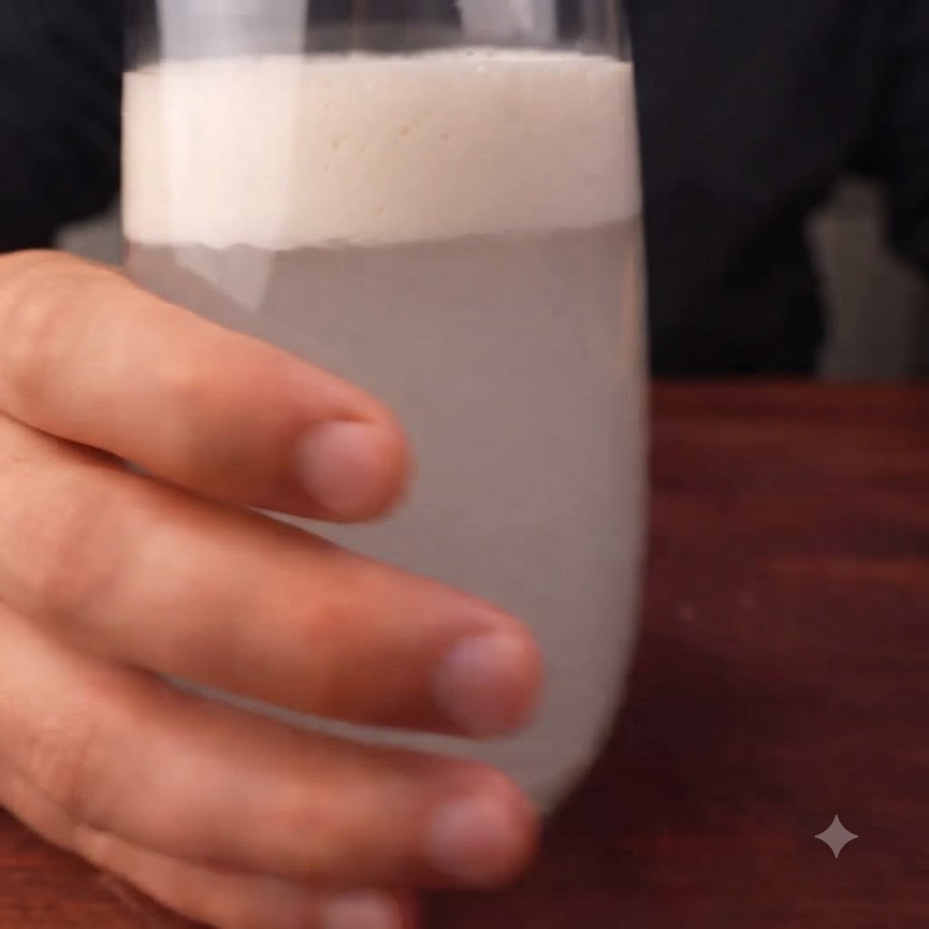 Un mélange de levure active mousseux versé depuis un verre dans un saladier contenant de la farine blanche.