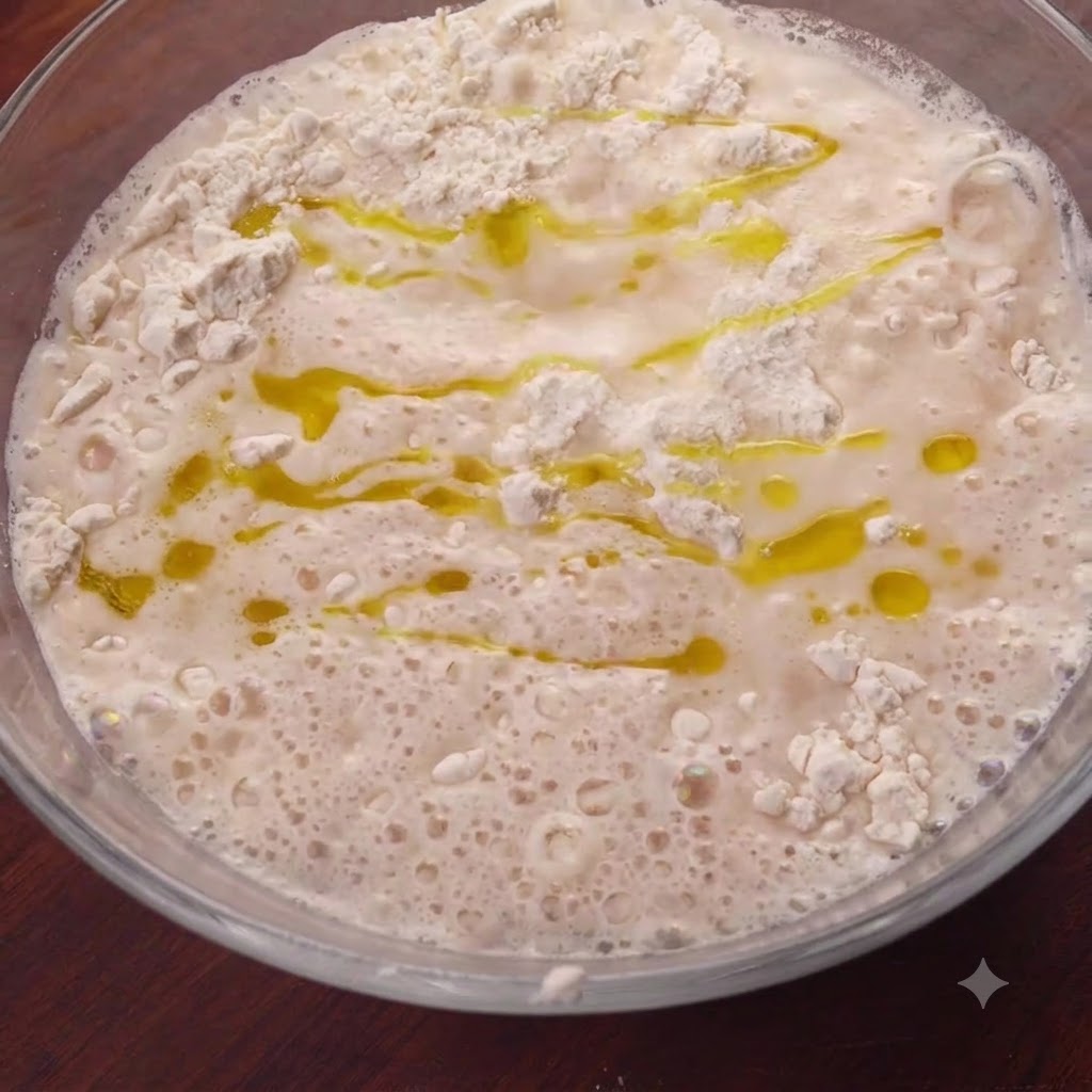 De lhuile dolive dorée versée en filet à la surface du mélange de pâte humide dans un saladier en verre.
