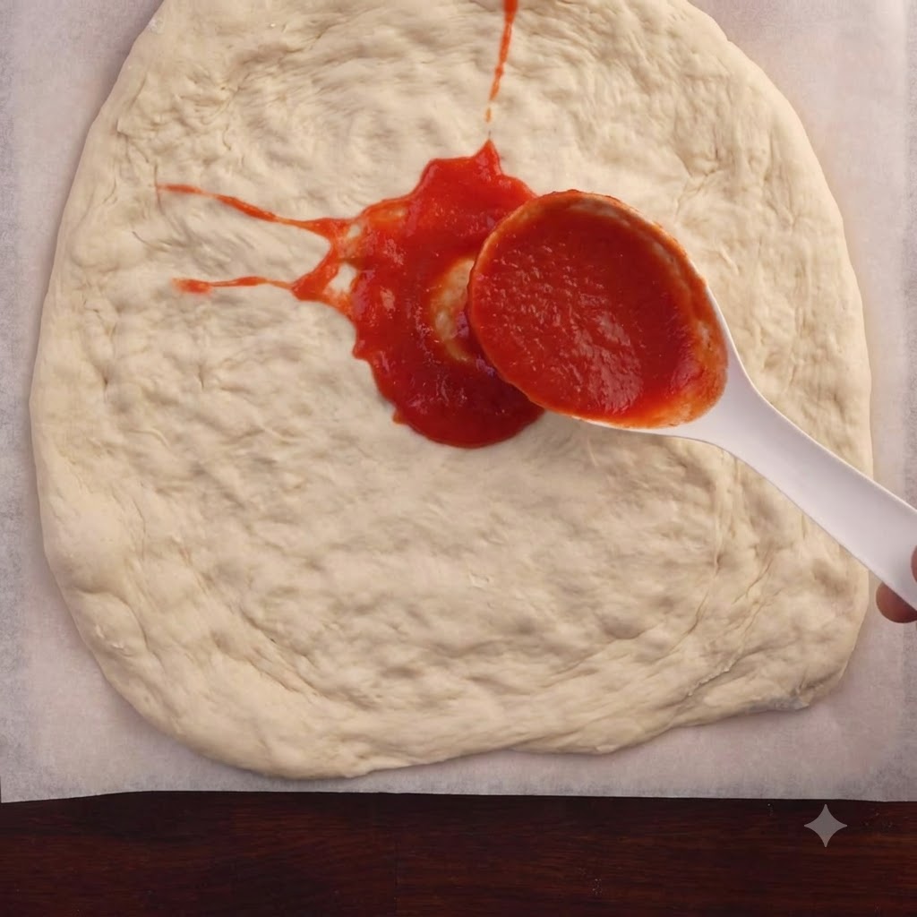Une louche déposant de la sauce tomate rouge vif au centre dune pâte à pizza ronde étalée sur du papier sulfurisé.