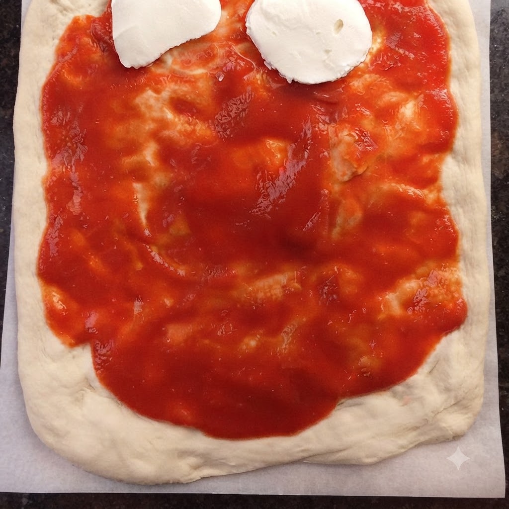 Des tranches de mozzarella blanche disposées sur une base de sauce tomate sur la pâte à pizza.