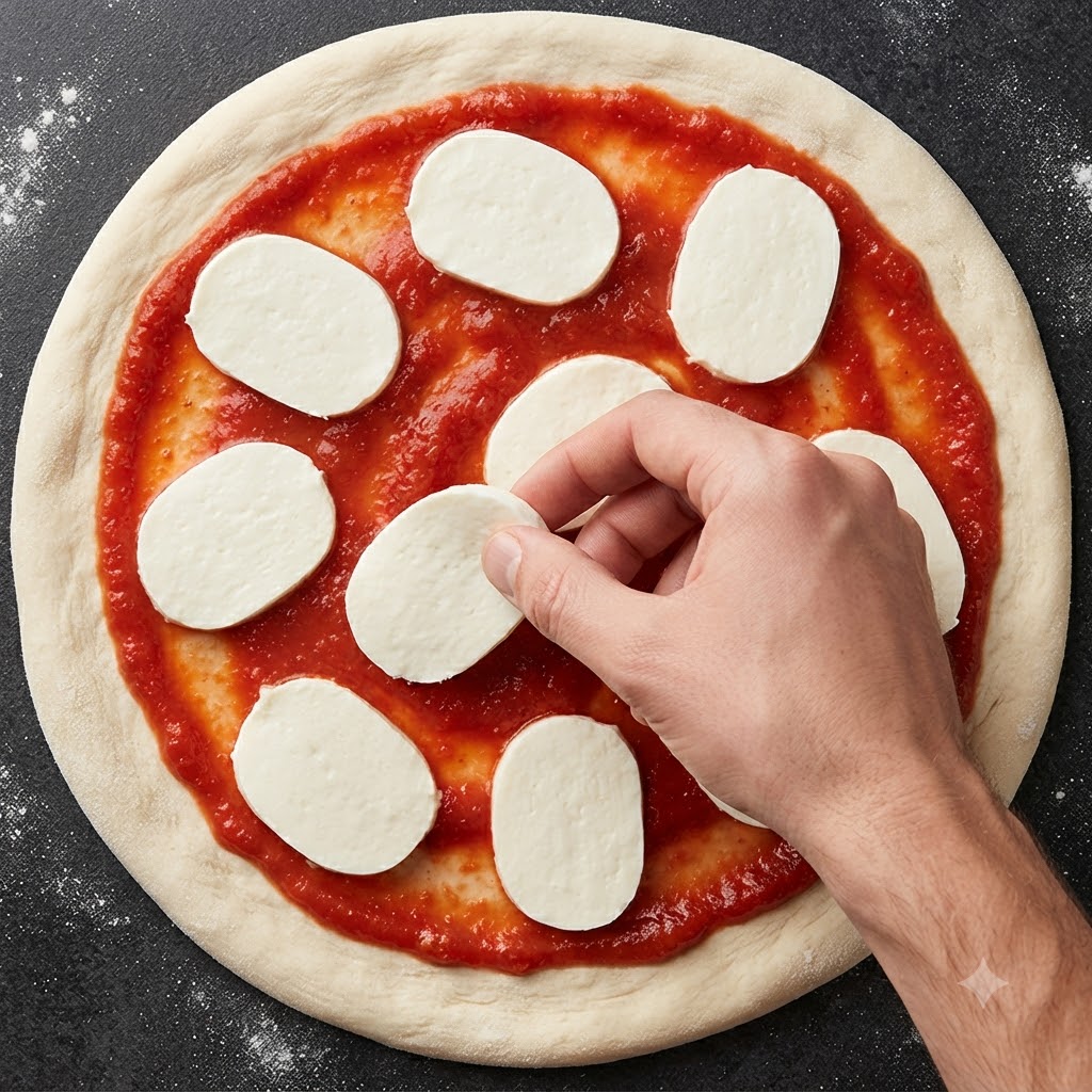 Une main déposant une tranche de mozzarella sur une base de pizza ronde recouverte de sauce tomate.