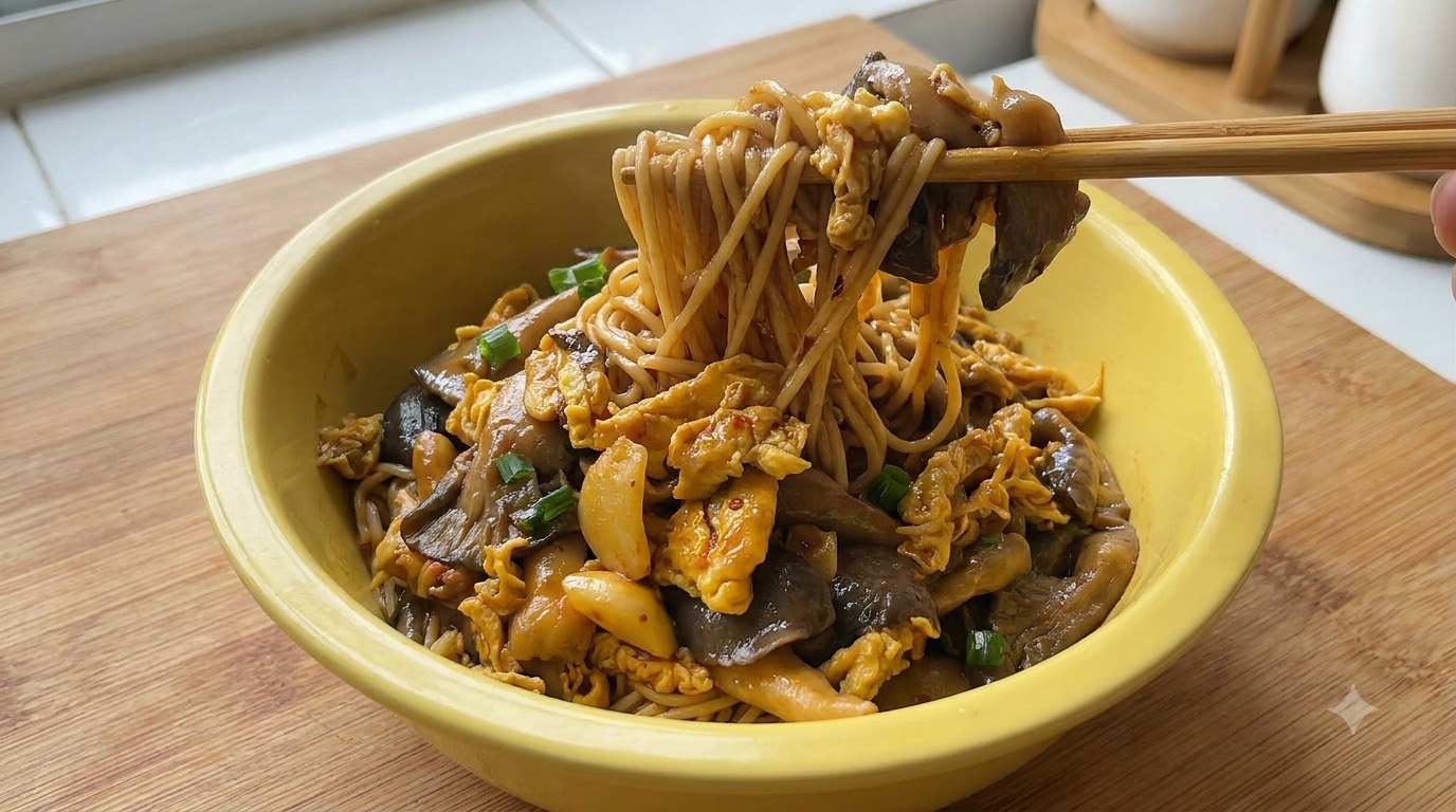 Un bol jaune de nouilles sautées savoureuses aux pleurotes et aux œufs, soulevées avec des baguettes