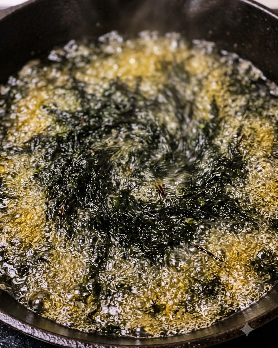 Vue rapprochée des assaisonnements et des aromates bouillant et frisant dans lhuile à lintérieur dune poêle.