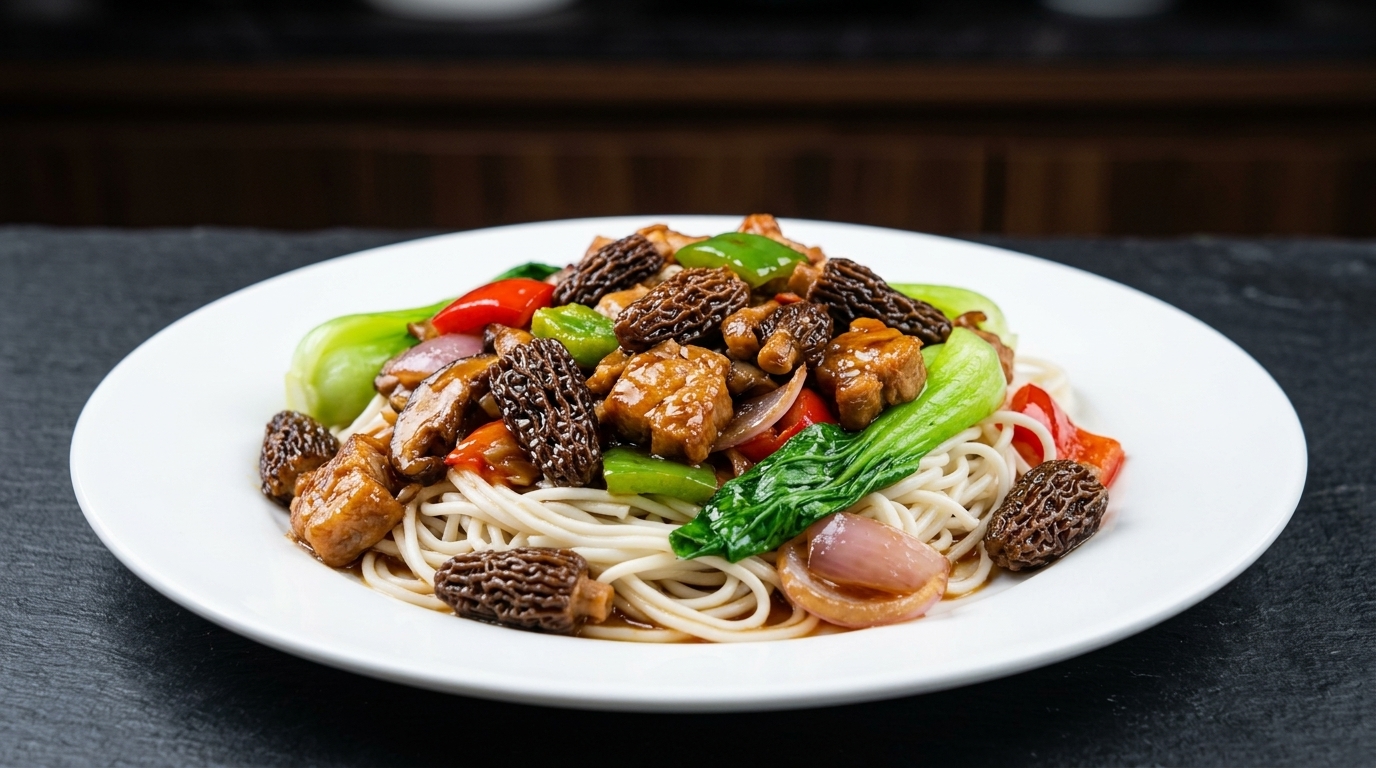 Nouilles aux Champignons Bachu et Porc Sauté Savoureux