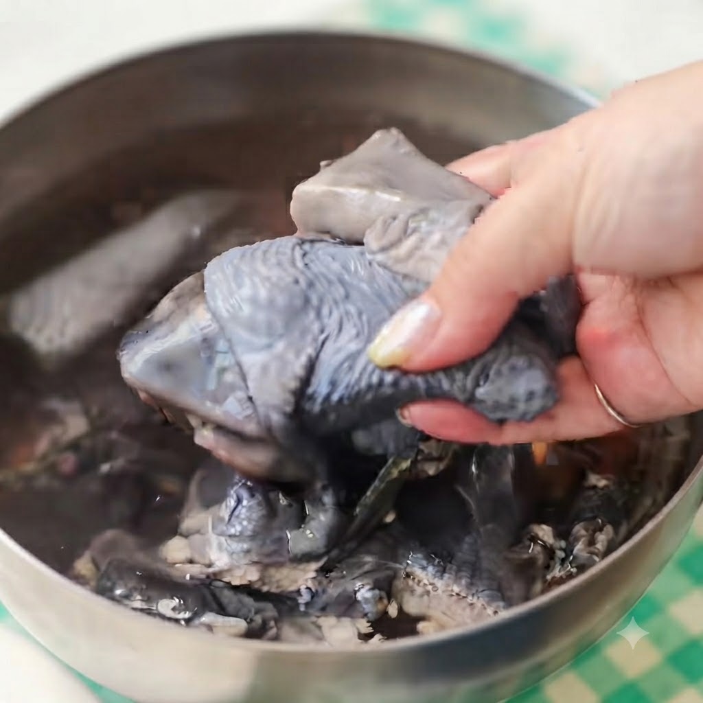 Morceaux de poulet crus à peau noire en train de ségoutter dans un bol en métal.