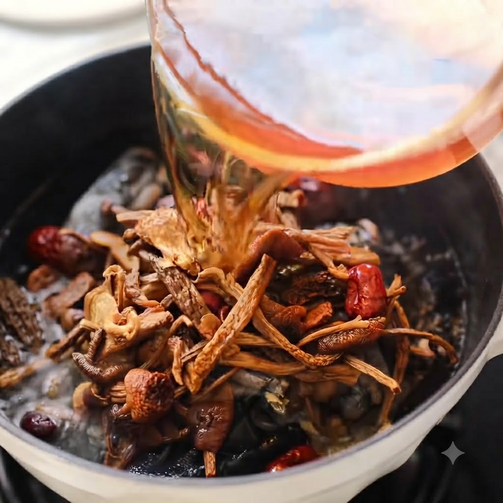 Champignons trempés et dattes rouges ajoutés dans la cocotte contenant le poulet.