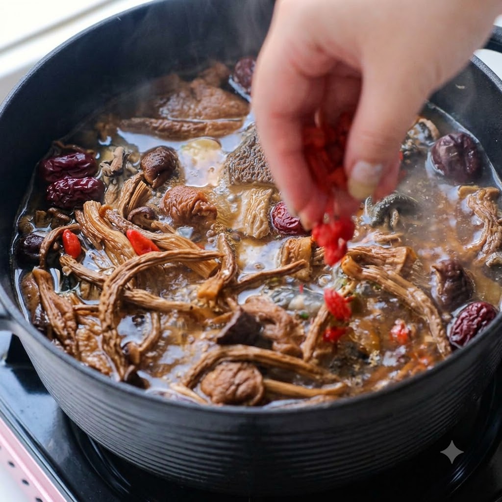Baies de goji en train dêtre jetées dans la cocotte de soupe bouillante.