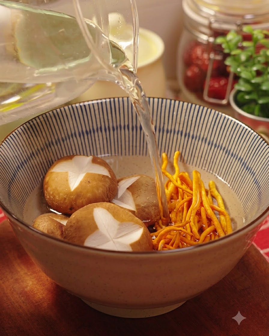 De leau tiède versée dune carafe en verre dans un bol contenant des champignons shiitakes et des fleurs de cordyceps.