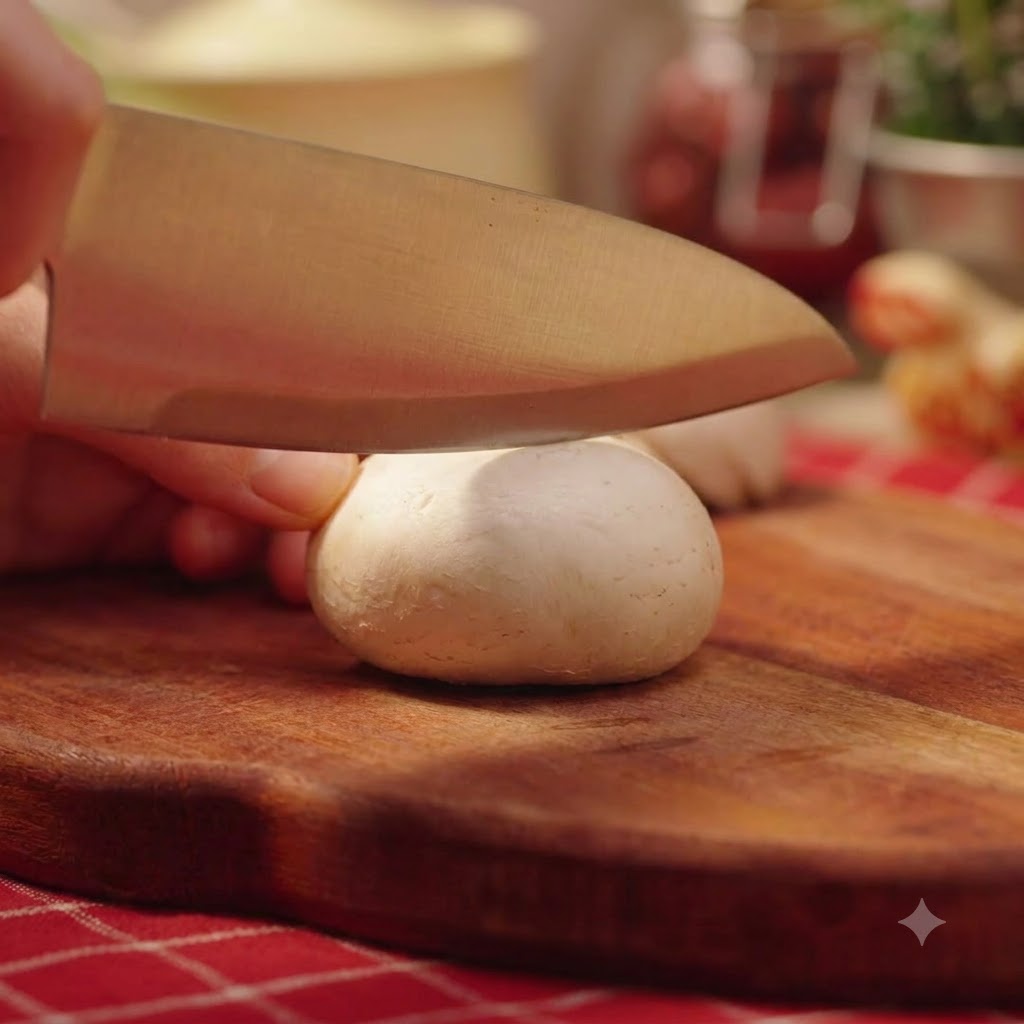 Un couteau de cuisine tranchant des champignons de Paris blancs sur une planche à découper en bois.