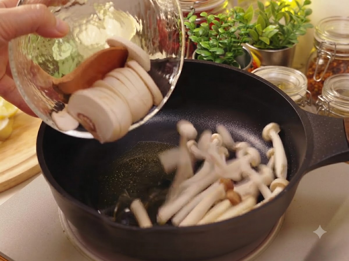 Des champignons de Paris tranchés et des champignons shimeji glissant dun bol en verre dans une poêle huilée.