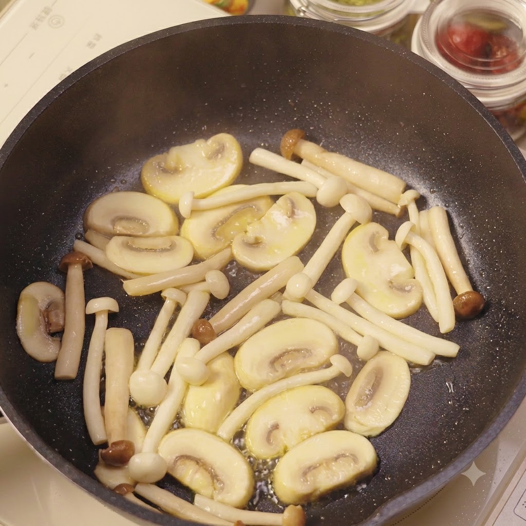 De lail haché incorporé aux champignons sautés dans une poêle à laide dune spatule.