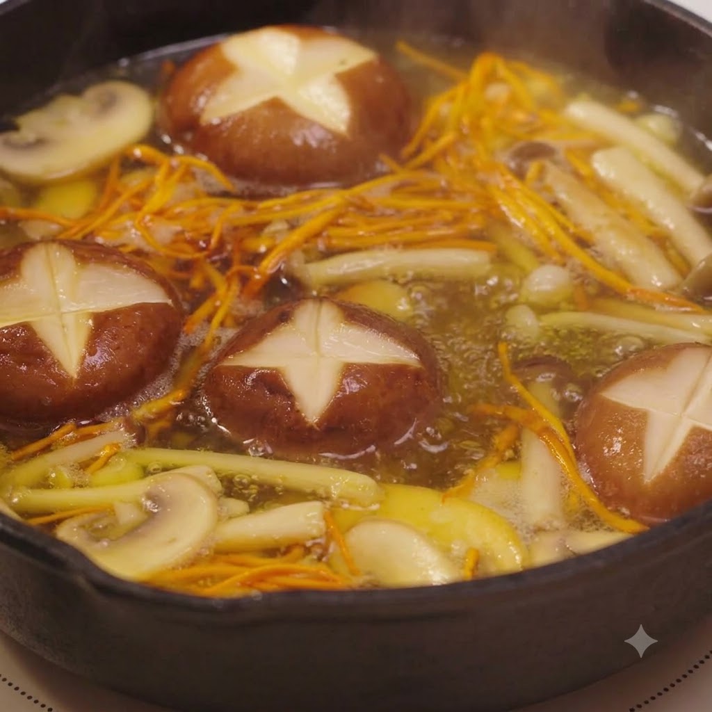 De la sauce soja claire ajoutée à laide dune cuillère dans une poêle de bouillon de champignons mijotant.