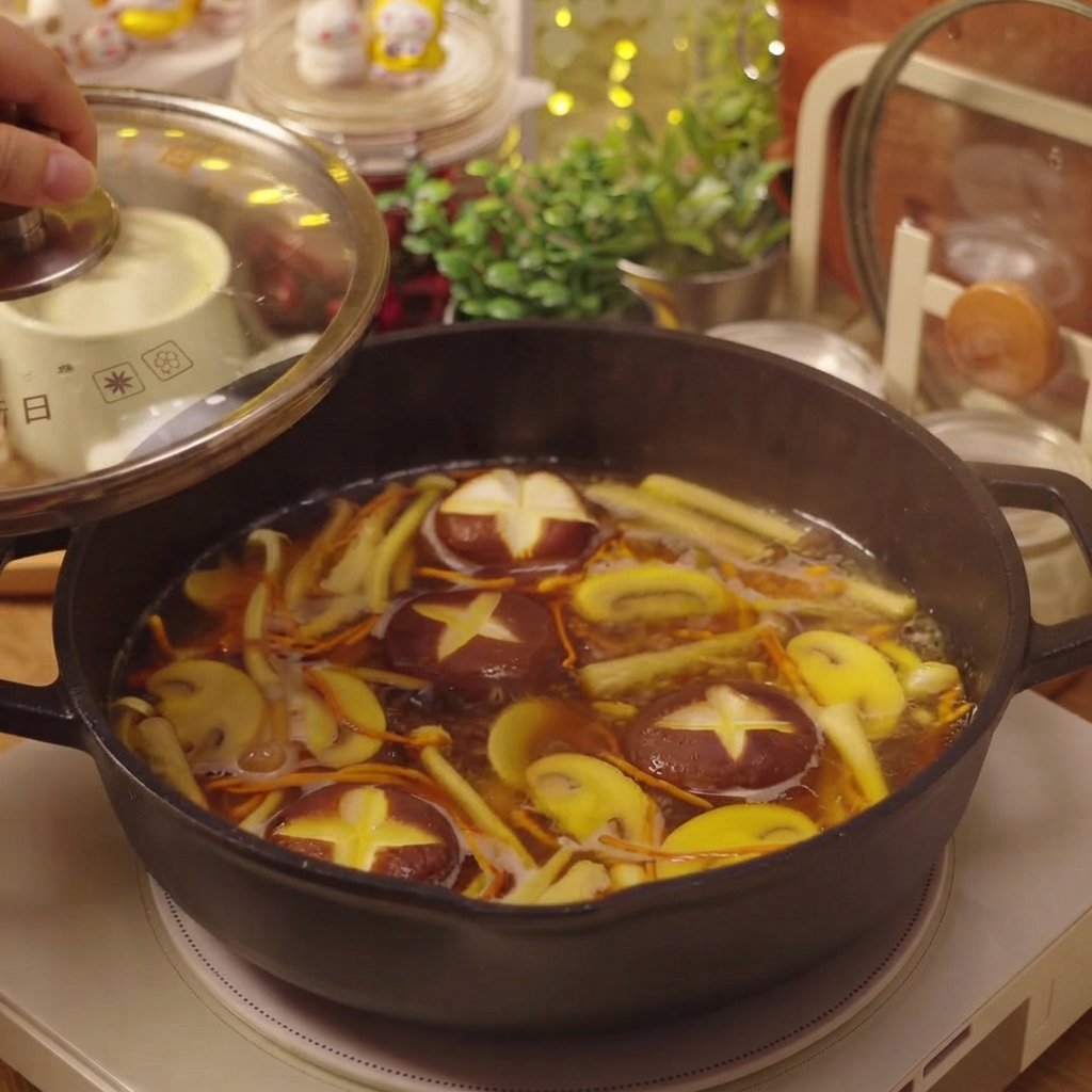 Un couvercle en verre placé sur la poêle contenant la soupe de champignons mijotant.