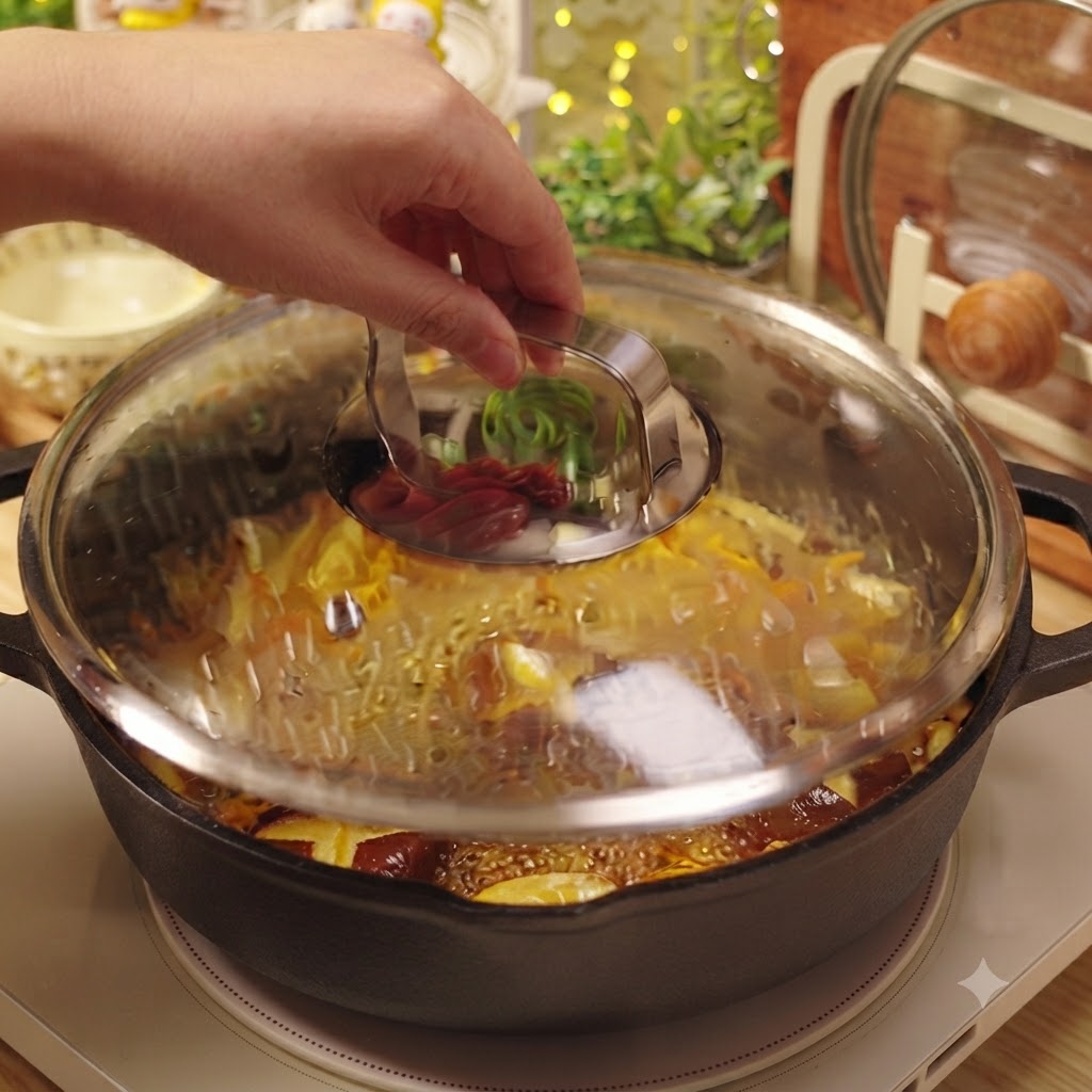 Le couvercle en verre retiré dune poêle remplie de soupe de champignons bouillonnante.