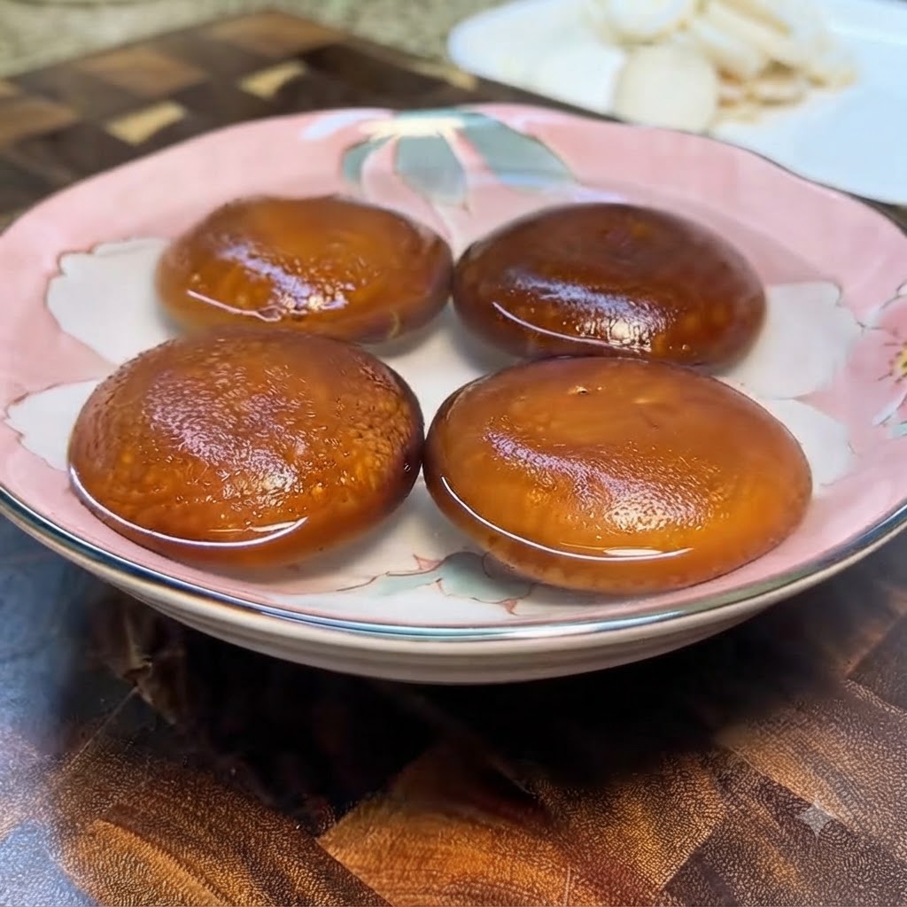 Des champignons shiitake entiers disposés sur une assiette rose à motifs floraux avec des motifs quadrillés sur le dessus.