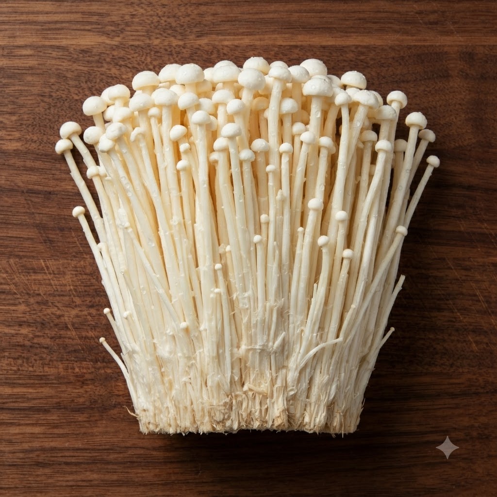 Un frais bouquet de champignons enoki reposant sur une planche à découper en bois foncé avec des racines coupées.