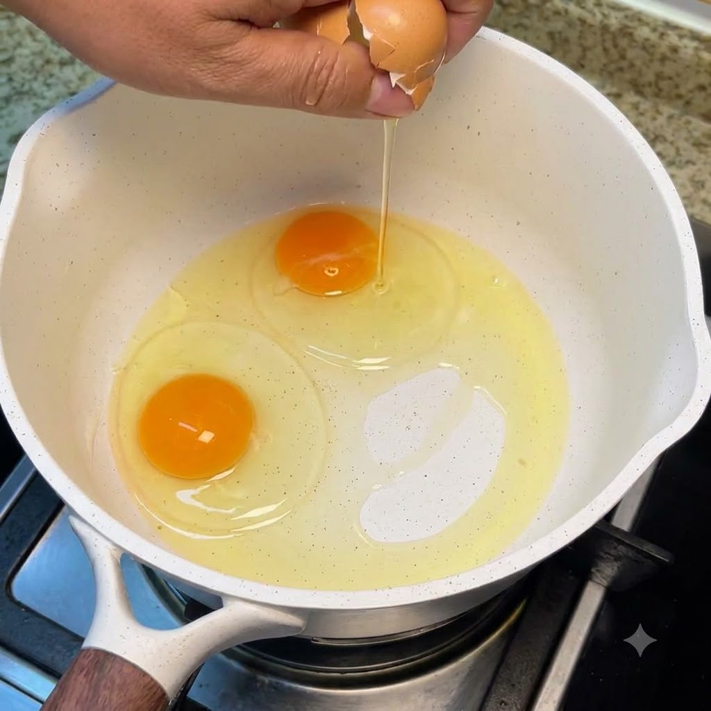Deux œufs entiers cassés dans une marmite blanche remplie dhuile de cuisson à feu doux.