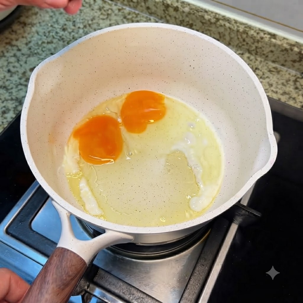 Des œufs au plat délicatement retournés dans une marmite de cuisson blanche à laide dune spatule en silicone rose.