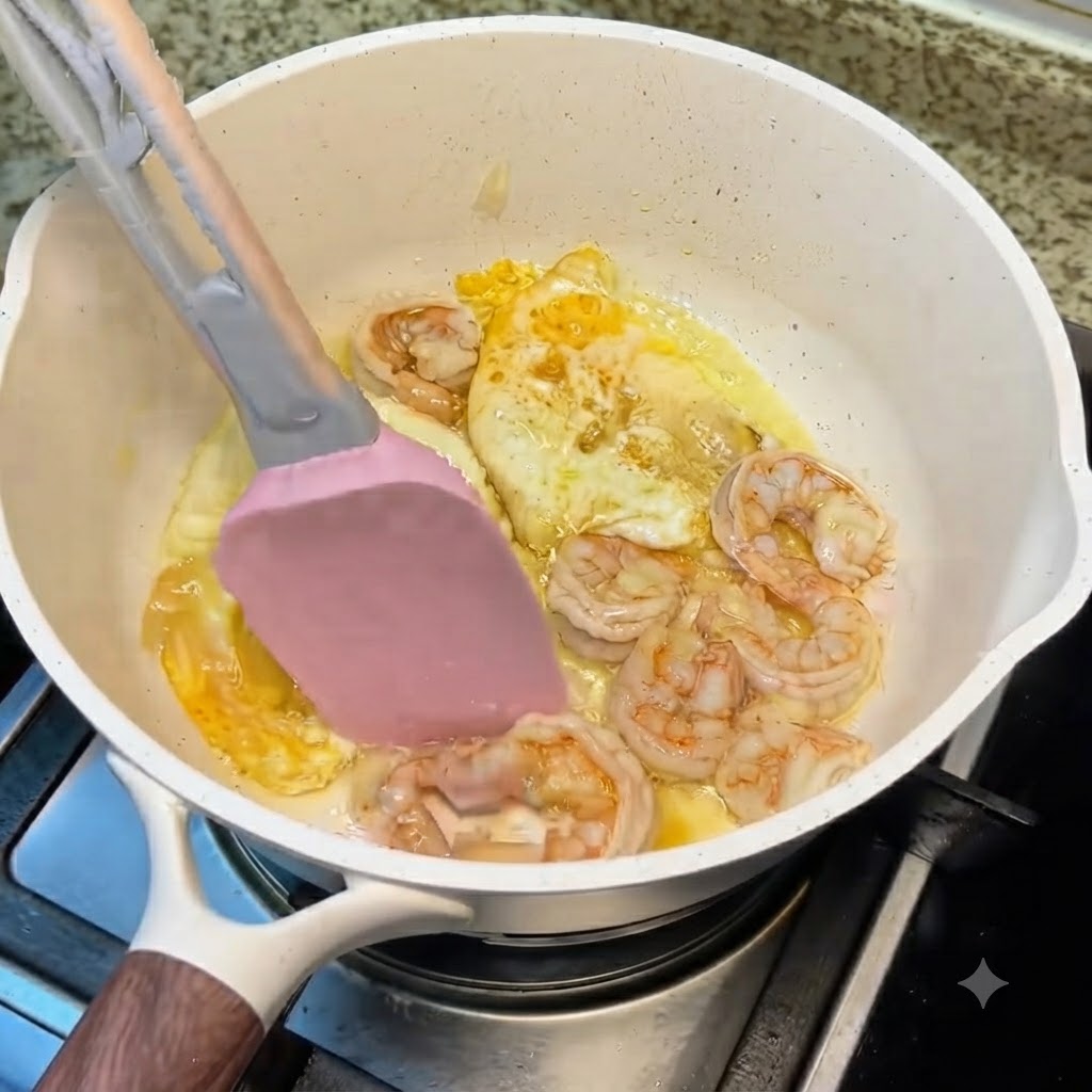 Une variété de champignons préparés ajoutés dans la marmite blanche contenant les œufs et les crevettes.