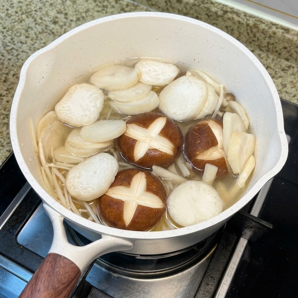 De leau bouillante versée dune bouilloire dans une marmite blanche remplie de champignons, dœufs et de crevettes.