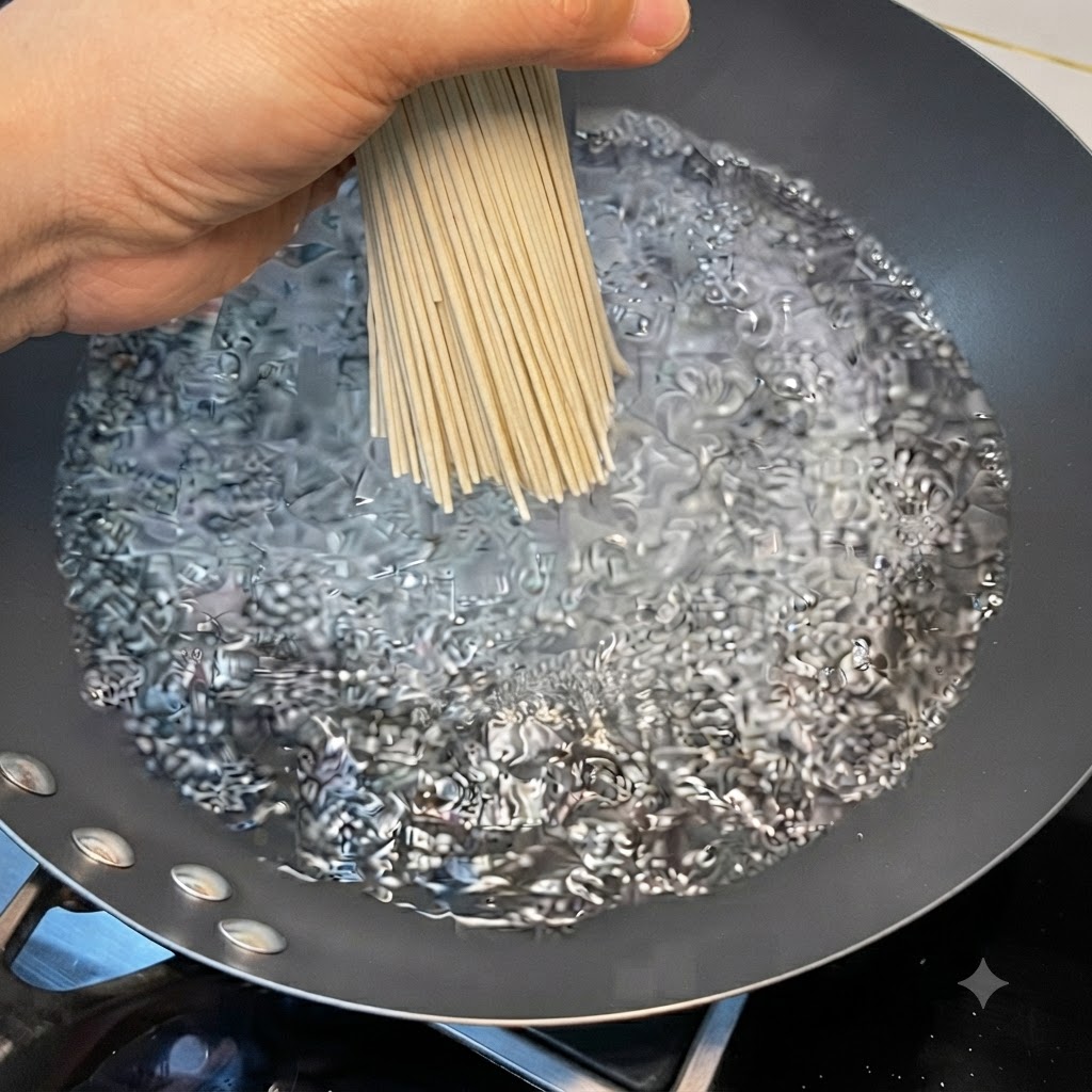 Un paquet de nouilles sèches plongé dans un wok deau bouillante séparé.