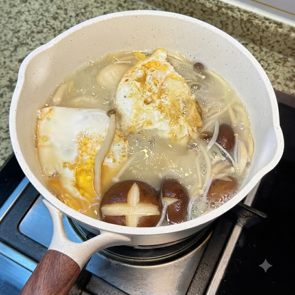 Une petite cuillère ajoutant du sel blanc dans le bouillon bouillonnant rempli de champignons et dœufs au plat dans une marmite en céramique blanche.