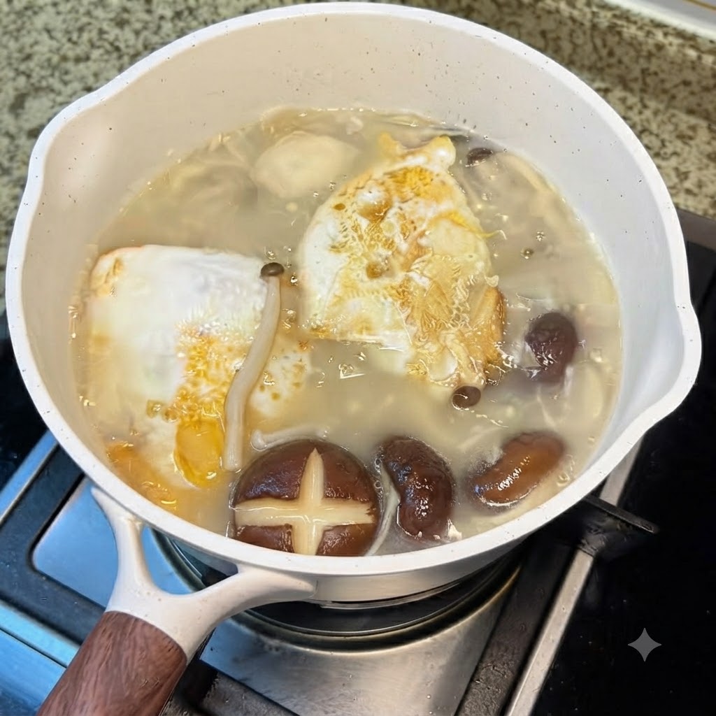 Du poivre blanc moulu tombant dune saupoudroire dans la marmite blanche de soupe aux champignons frémissante.
