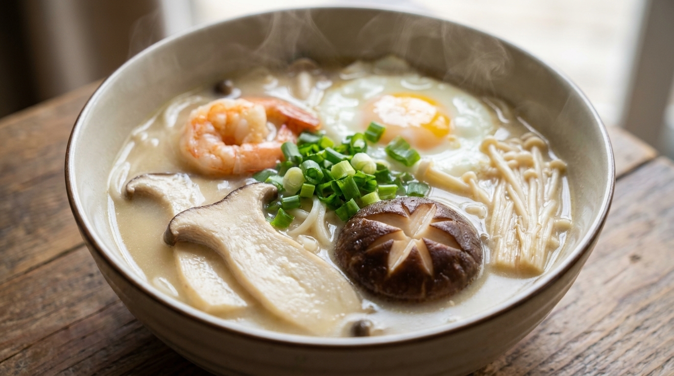 Soupe de Nouilles aux Champignons et Crevettes