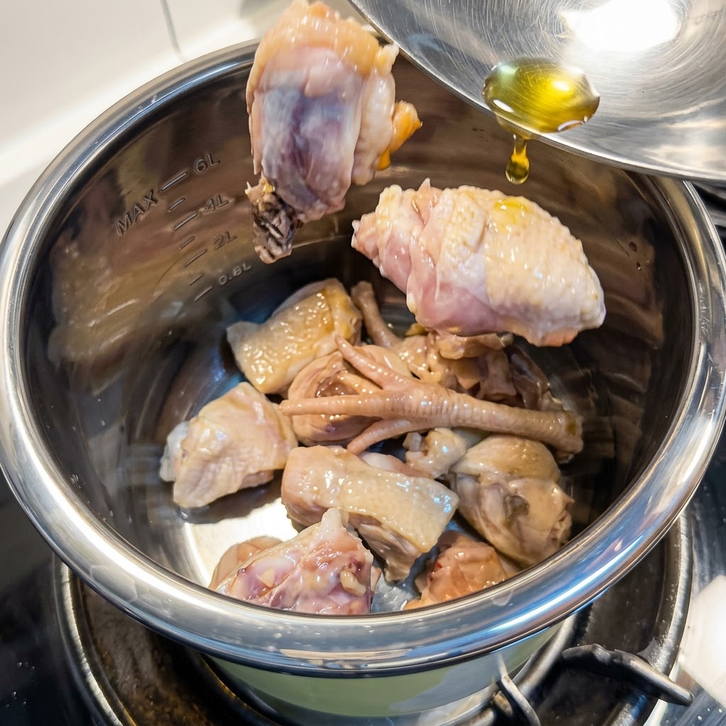 Morceaux de poulet saisis en cours de transfert dans une cocotte en métal.
