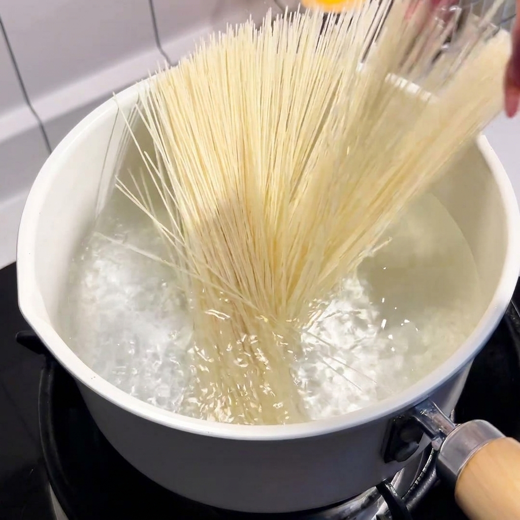 Brins de nouilles blanches placés dans une casserole deau bouillante.