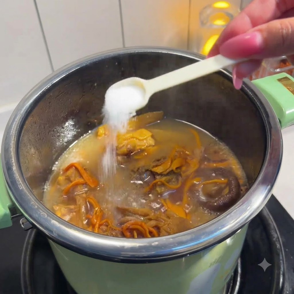 Petite cuillère blanche ajoutant du sel dans une soupe de poulet et champignons mijotante.