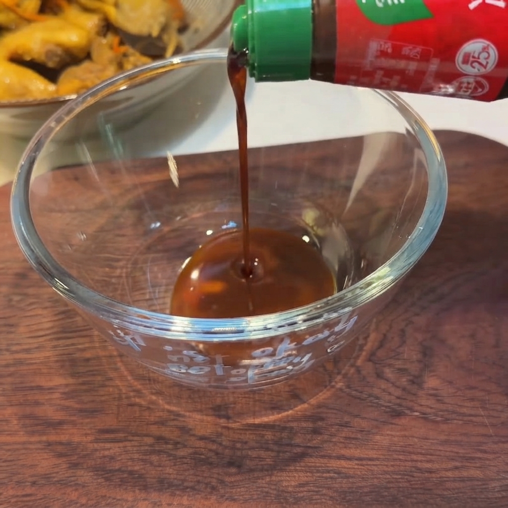 Sauce foncée versée dune bouteille à bouchon vert dans un bol en verre transparent.